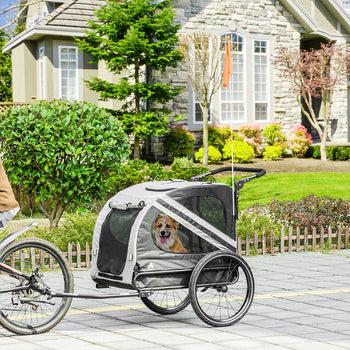 2-in-1 Pet Bike Trailer for Small Medium Dogs, Road-Visibility Dog Stroller Bicycle Carrier, Weather-Strong Bike Wagon Trailer Sidecar Attachment, Gray