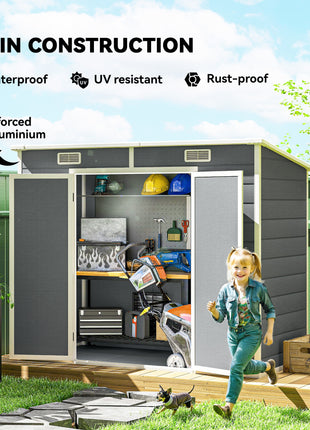 8' x 4' Plastic Outdoor Storage Shed with Floor, Window, Lockable Doors and Vents for Backyard Patio Lawn, Gray