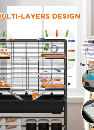 Small Animal Cage for Syrian Hamster, Gerbil Cage with Tubing System, Running Wheel, Ramps, Platforms