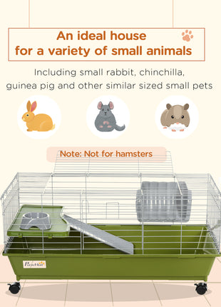 35"L Small Animal Cage, Rolling Bunny Cage, Guinea Pig Cage with Food Dish, Water Bottle, Hay Feeder, Platform, Ramp for Chinchilla, Green
