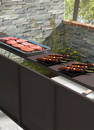 8'x5' BBQ Grill Gazebo, Outdoor Double Tiered Interlaced Polycarbonate Roof with Steel Frame, 2 Side Shelves, Brown
