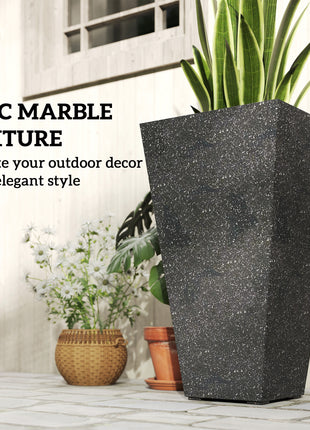 28" Tall Planters, Set of 3 Plastic Flower Pots with Marble Finish and Drainage Holes, Stackable Taper Planters, Black