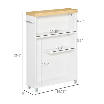 Slim Bathroom Cabinet with Castor Wheels Storage Organizer and Wood Shelves To Fit In Small Spaces, White