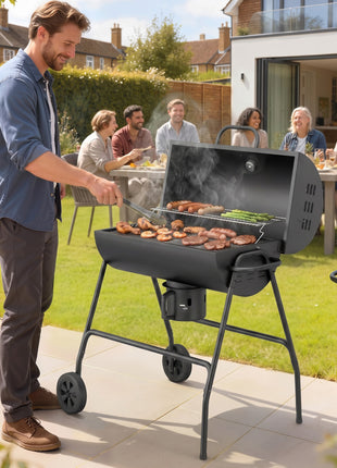 Barrel Charcoal BBQ Grill, Barbecue with 420 sq.in. Cooking Area, Wheels, Ash Catcher, Black