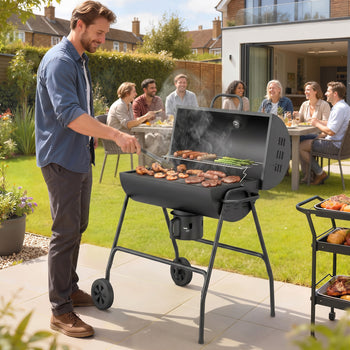 Barrel Charcoal BBQ Grill, Barbecue with 420 sq.in. Cooking Area, Wheels, Ash Catcher, Black