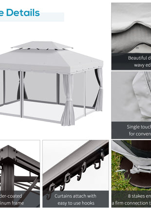 10' x 13' Patio Gazebo, Aluminum Frame Double Roof Outdoor Gazebo Canopy Shelter with Netting & Curtains, Light Gray