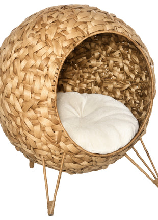 20.5" Weaved Cat Bed, Elevated Hand-woven Braided Banana Leaf Kitten House Condo with Cushion, Natural