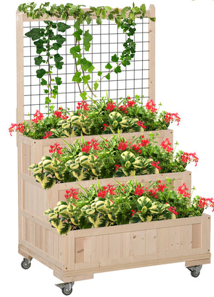 3-Tiers Raised Garden Bed with Trellis, 53" H Vertical Planter Box with Wheels & Back Storage Area, for Flowers, Vegetables, Herbs, Natural