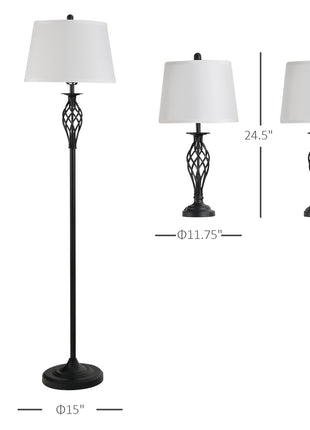 3 Piece Table Floor Lamp Set with Metal Pole, Round Base, and Fabric Lampshade, for Living Room, Black/White