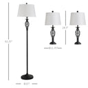 3 Piece Table Floor Lamp Set with Metal Pole, Round Base, and Fabric Lampshade, for Living Room, Black/White