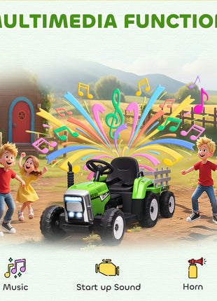 12V Ride on Tractor with Trailer, 25W Dual Motors, Battery Powered Electric Tractor with Remote Control, Music Startup Sound and Horn, LED Lights, Green