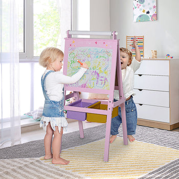 3 In 1 Kids Wooden Art Easel with Paper Roll, Double-Sided, Chalkboard & Whiteboard, Storage Baskets, Pink