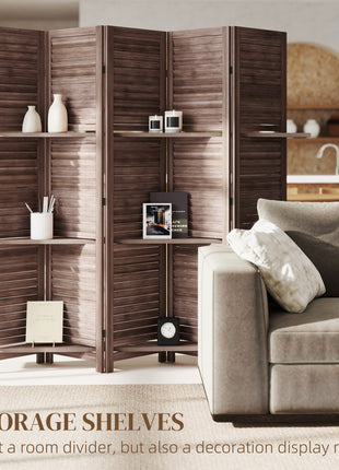 5 Panel 67" Tall Wood Privacy Screen Room Divider with 3 Shelves and Folding Storage for Bedroom, Walnut
