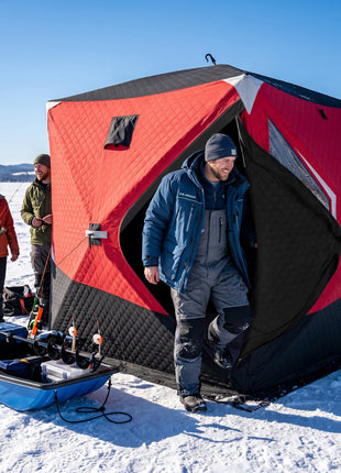 Insulated Pop-Up Ice Fishing Tent, 3-4 Person Portable Hub Style Ice Fishing Shelter with Double Zipper Doors