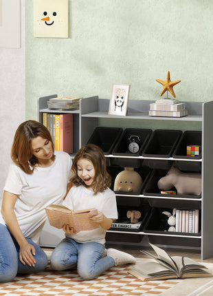 Toy Storage Organizer with 8 Bins, 2 Storage Cubbies, Shelf, Drawer, Gray