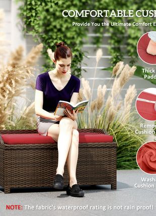 Outdoor Wicker Storage Bench with Storage & Cushion, Red