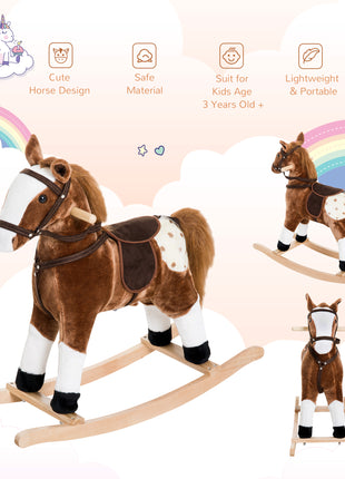 Kids Plush Toy Rocking Horse Pony Toddler Ride on Animal for Girls Pink Birthday Gifts with Realistic Sounds, Brown