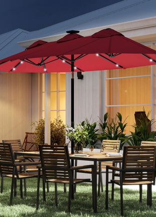 Double-sided Patio Umbrella, 9.7' Outdoor Umbrella with Tilt and Crank, LED Solar Light and 12 Ribs, Wine Red