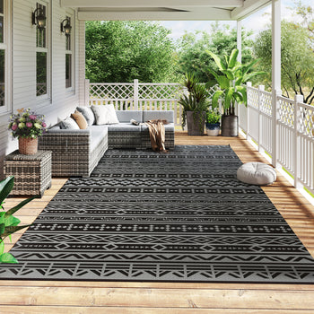 Reversible Outdoor Rug, Waterproof Plastic Straw with Carry Bag, 9' x 18', Black & Gray Geometric Wall