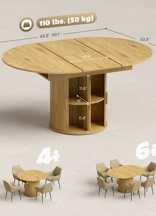 Extendable Dining Table for 6, 60" Farmhouse Kitchen Table with 2-Tier Storage Shelf and Fluted Sliding Doors, Natural
