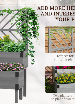2 Tier Trellis Planter, Wooden Raised Garden Bed, Gray