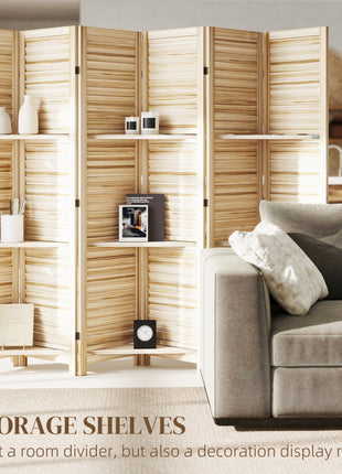 6 Panel 67" Tall Wood Privacy Screen Room Divider with 3 Shelves and Folding Storage for Bedroom, Natural Wood