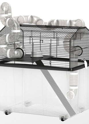 2 Tier Hamster Cage with 12" Deep Tray, Tube System, Water Bottle, Ramp, Feeding Bowl, 23" x 17" x 22", Black