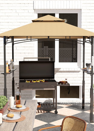 8' x 5' Outdoor Grill Gazebo, Barbecue Gazebo Shelter with LED Light, 2 Side Shelves, Hooks, Bottle Opener, Dark Brown