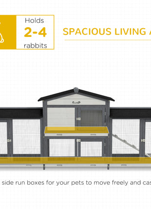 90.5" Wooden Rabbit Hutch Bunny Cage Pet Playpen House Enclosure with Double Side Run Boxes, No Leak Tray, Ramp, for Rabbits, Chickens, Ducks, Guinea Pig and Small Animals, Light Gray