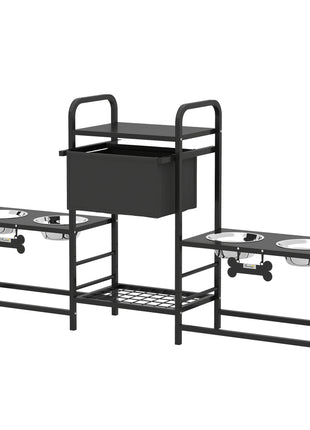 3 Height Adjustable Dog Bowl Stand with 2 Feeding Stations, Toy Bin Basket, Black