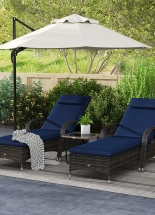 2 Reclining Chaise Lounge Chairs, Rolling Outdoor Chairs with Cushion, Pillow, Headrest, Armrests, and Wheels, Dark Blue