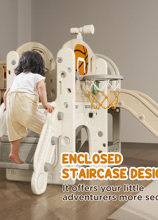 7-in-1 Toddler Slide, Kids Slide for Ages 1-6 Years w/ Ring Toss, Basketball Hoop, Telescope Climber, Storage Space