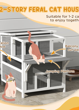 2-Story Wooden Cat House Outdoor with Balcony, Openable Top, Escape Door, Removable Panel & Floor, for Backyard, Outside