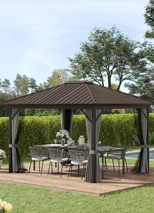 10' x 12' Hardtop Gazebo with Curtains and Netting, Permanent Pavilion Metal Single Roof Gazebo Canopy with Aluminum Frame and Hooks, for Garden, Patio, Backyard, Gray