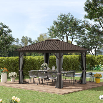 10' x 12' Hardtop Gazebo with Curtains and Netting, Permanent Pavilion Metal Single Roof Gazebo Canopy with Aluminum Frame and Hooks, for Garden, Patio, Backyard, Gray