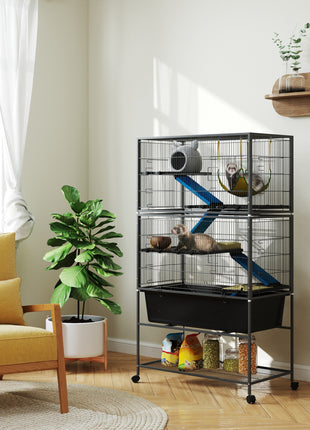 59" 5-Level Small Animal Cage, Rolling Ferret Cage with 6.3" Deep Tray, Non-Slip Cloth Covered Ramps, Hammock, Dark Gray