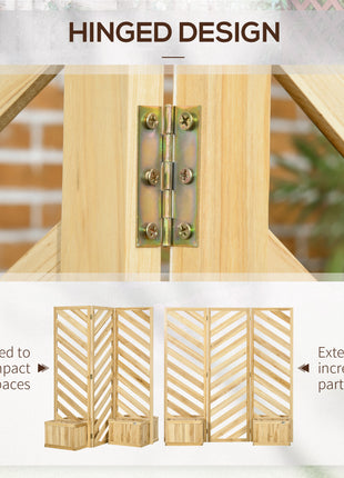 Decorative Outdoor Privacy Screen, Freestanding Divider/Separator with 4 Self-Draining Planters, 3 Trellis Plant Support Panels for Garden Walkway, Backyard, Natural Wood