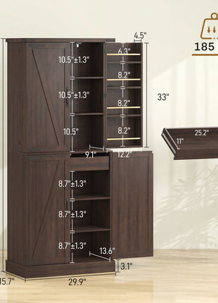 72" Tall Kitchen Pantry Cabinet, Farmhouse Storage Cabinet with 8 Door Racks and Adjustable Shelves, Brown