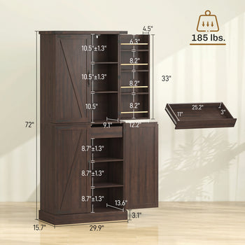 72" Tall Kitchen Pantry Cabinet, Farmhouse Storage Cabinet with 8 Door Racks and Adjustable Shelves, Brown