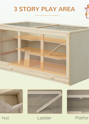45" Extra Large Wooden Hamster Cage, 3-Layer Rat Cage with Opening Roof, PVC Window, Small Animal Habitat for Gerbil, Dwarf & Syrian Hamsters, Natural