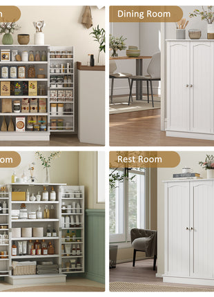 Freestanding Kitchen Pantry Cabinet, Kitchen Sideboard Cabinet with 12 Door Shelves, Double Doors, 5-tier Shelving, Paper White