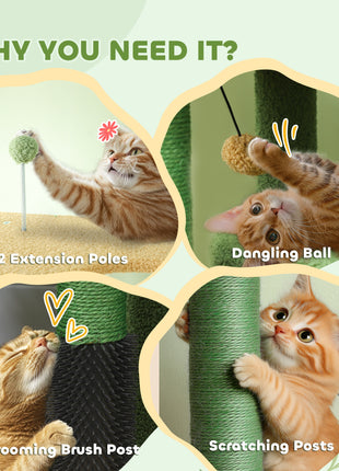 89"-100" Floor to Ceiling Cat Tree, Cat Climbing Tower with Grooming Brush Post, Cat Condo, Hammock, Green