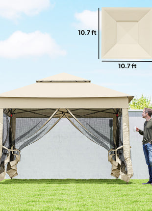 Outdoor Patio Pop Up Canopy Gazebo Shelter with Zipper Netting, Carry Bag, 11' x 11', Beige