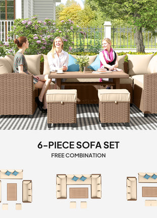 6 Piece Patio Furniture Set, PE Wicker Outdoor Furniture Conversation Set with 3 Sofas, 2 Ottomans and Slatted WPC Top Dining Table, All Weather Sectional Sofa Couch with Pillows, Khaki