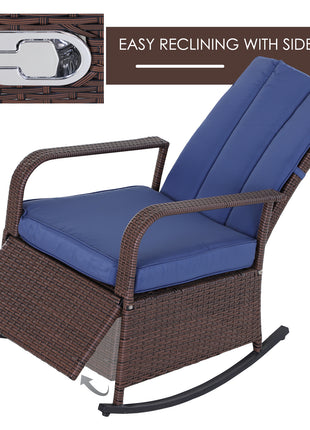 Outdoor Rattan Wicker Rocking Chair Patio Recliner with Soft Cushion, Adjustable Footrest, Max. 135 Degree Backrest, Blue