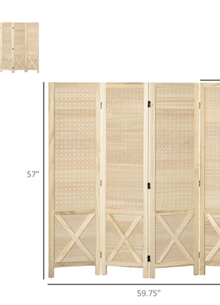 4.7' 4 Panel Wooden Room Divider with Pegboard Display, Folding Privacy Screen for Home Office, Natural