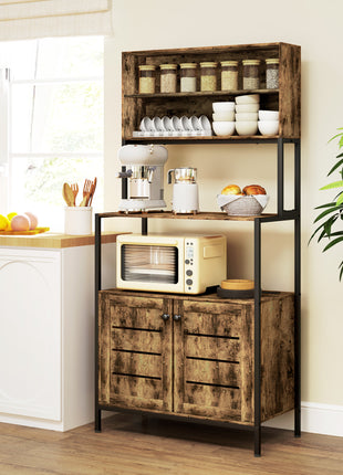 Baker's Rack with Power Outlet and Storage Shelves, Microwave Stand with Louvred Door Cabinets, Rustic Brown