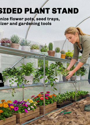 10'x11'x6' Walk-in Tunnel Greenhouse with Shelves, Mesh Door and Windows, Plant Hot House with PE Cover, White
