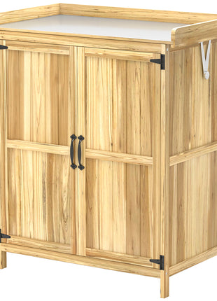 Outdoor Storage Cabinet, Garden Tool Shed with Metal Tabletop, Shelf, Wooden Potting Bench with 2 Doors, Natural Wood