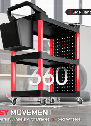 3-Tier Rolling Tool Cart, 200 LBS Capacity Plastic Utility Cart with Side Shelf and Storage Bucket, Black & Red